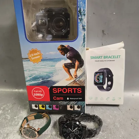 APPROXIMATELY 5 ASSORTED ITEMS TO INCLUDE 1080P SPORTS CAM, SMART BRACELET, ETC