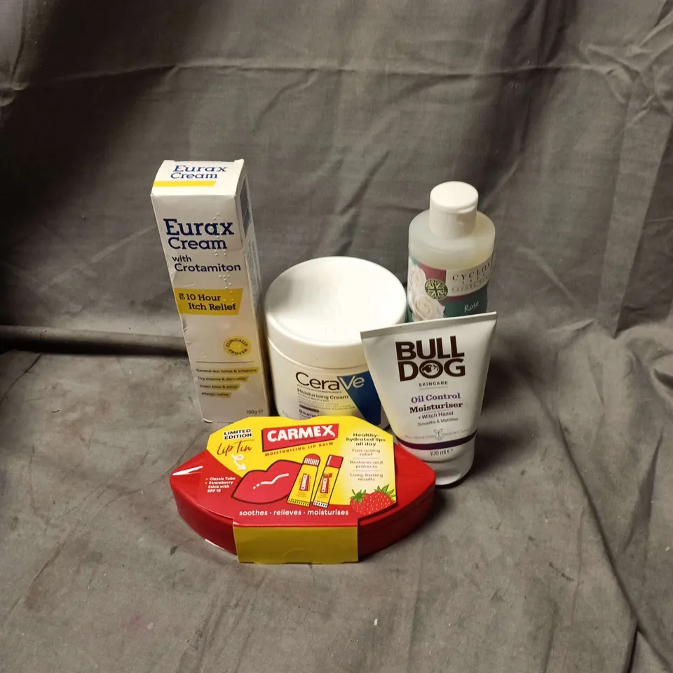 APPROXIMATELY 20 ASSORTED COSMETIC ITEMS TO INCLUDE EURAX CREAM, CARMEX LIP TIN, BULL DOG MOISTURISER, CYCLAX 1896 BODY WASH, CERA VE ETC