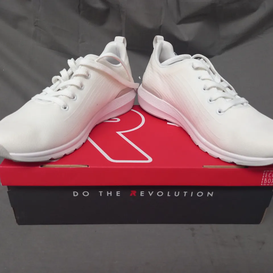 BOXED PAIR OF RIEKER TRAINERS IN WHITE SIZE 6