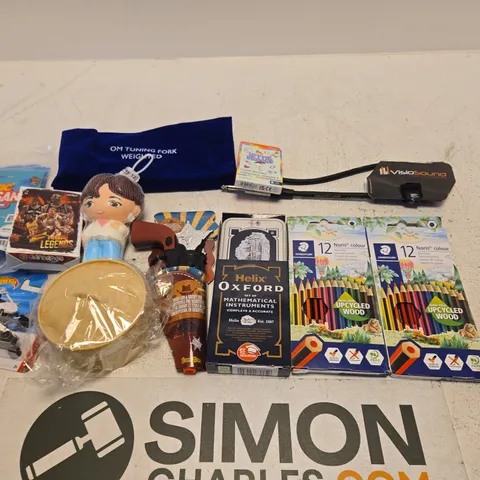 LARGE QUANTITY OF TOYS AND ACCESSORIES TO INCLUDE; HELIX OXFORD MATHEMATICAL INSTRUMENTS, VISIO SOUND STAY CONNECTED, YOTO STORY, OM TUNING FORK AND MAGIC ELASTI SAND