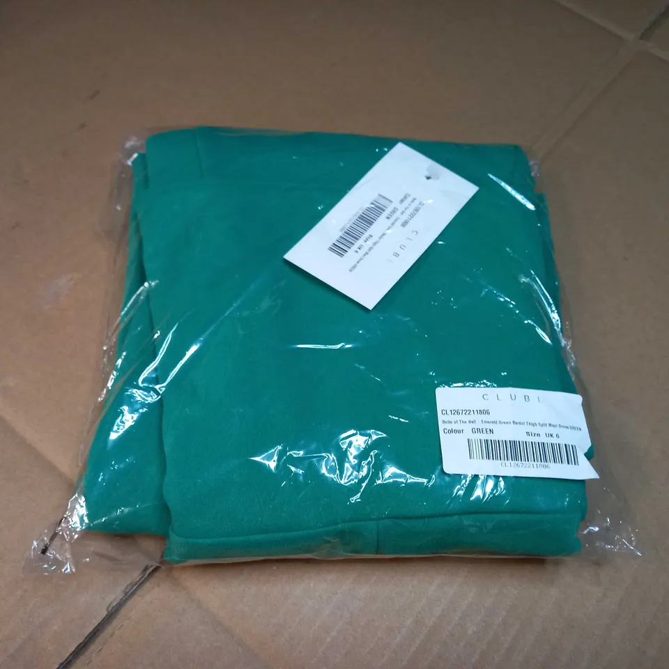 PACKAGED CLUB L EMERALD GEEN BARDOT THIGH SPLIT MAXI DRESS - SIZE 6