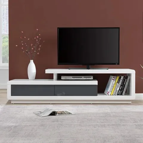 BRAND NEW BOXED CELIA TV STAND, WHITE HIGH GLOSS WITH GREY DRAWERS (1 BOX)