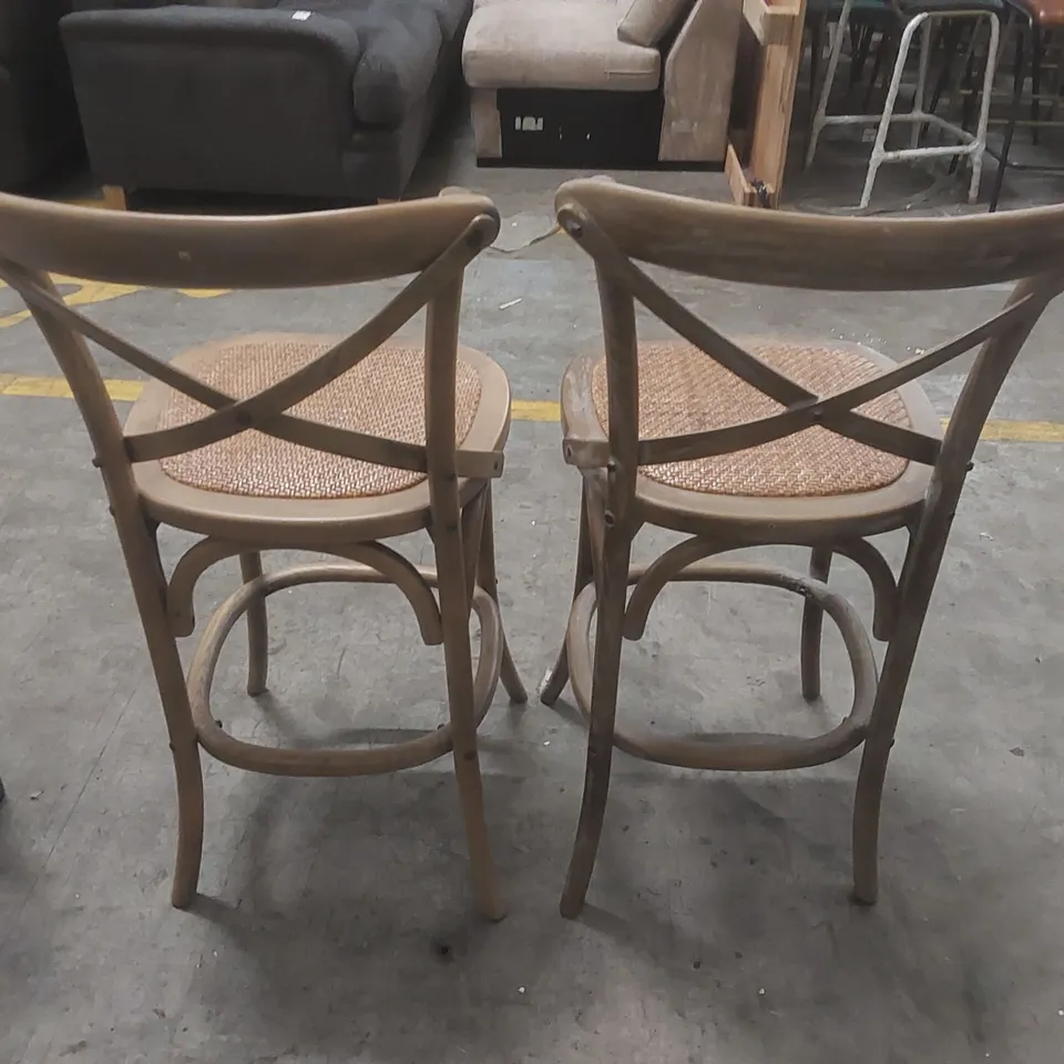 PAIR OF SOLID ELM FRAME WITH RATTAN SEAT | CLASSIC FRENCH CROSS BACK DESIGN | 66 CM KITCHEN COUNTER HEIGHT BAR CHAIRS