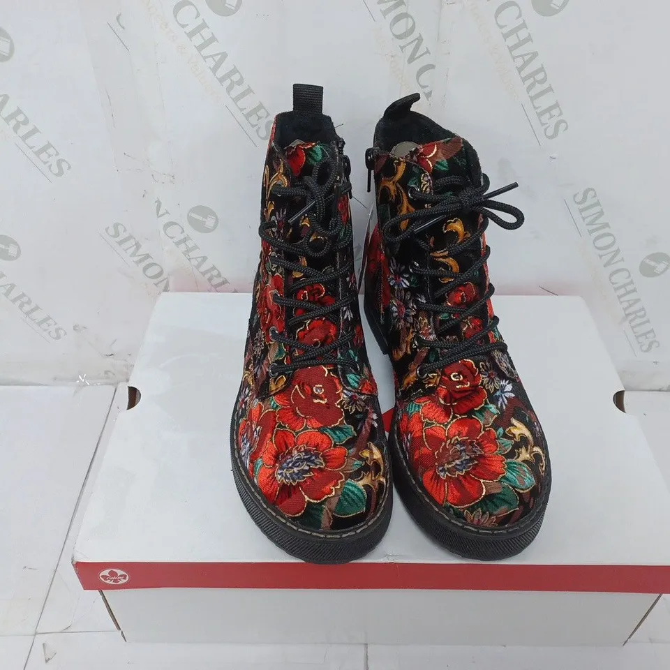 BOXED PAIR OF RIEKER LACE UP BOOTS MULTI/FLORAL PATTERN - SIZE 5