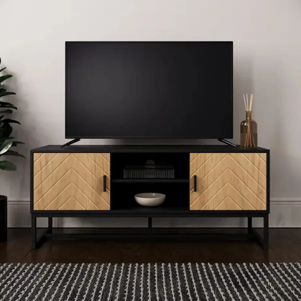 BOXED NIXON SMALL TV UNIT BLACK AND OAK EFFECT
