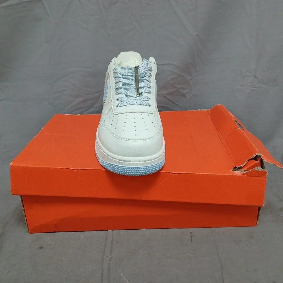 BOXED PAIR OF NIKE AIR FORCE 1 CUSTOM KEEP FRESH SHOES IN OFF WHITE/LIGHT BLUE SIZE UK 8.5