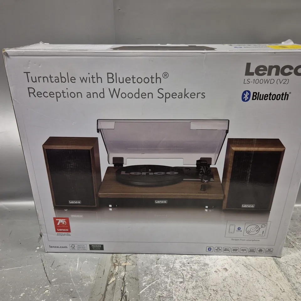 BOXED LENCO LS-100WD V2 BELT DRIVE TURNTABLE WITH WOODEN SPEAKERS