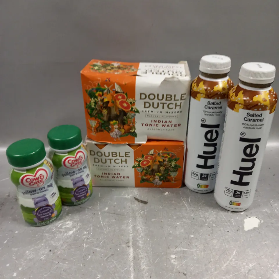 APPROXIMATELY 10 ASSORTED FOOD/DRINK PRODUCTS TO INCLUDE HUEL FOOD SUPPLEMENT DRINKS, INDIAN TONIC WATER, COW & GATE FOLLOW ON MILK ETC - COLLECTION ONLY 