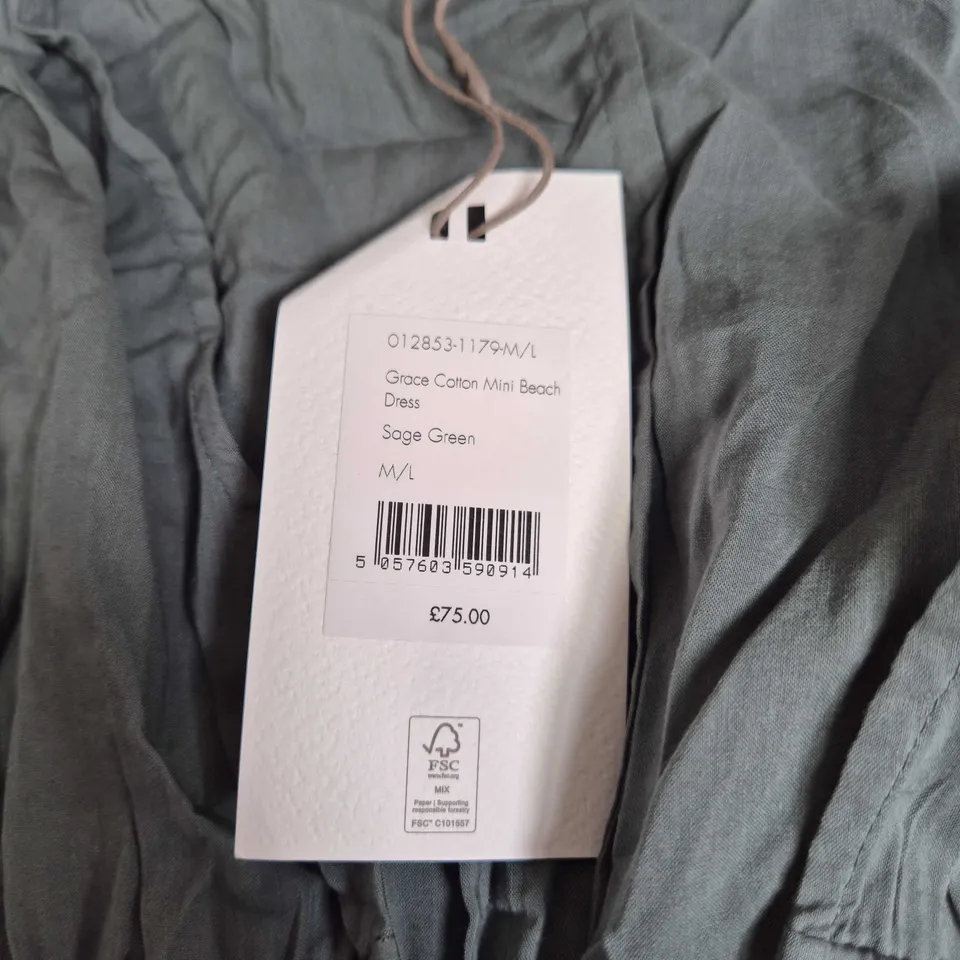 HUSH GRACE COTTON MINI BEACH DRESS – SAGE GREEN – UK M/L