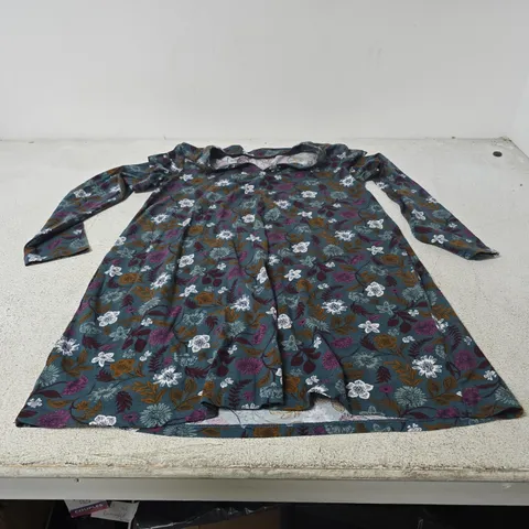 SEASALT CORNWALL WOMEN'S FLORAL LONG-SLEEVE DRESS - TEAL WITH WHITE FLOWERS UK 12