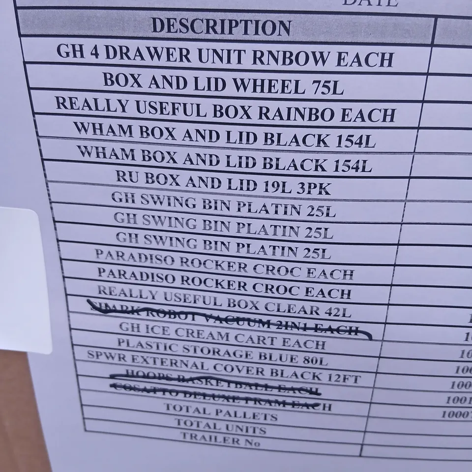 PALLET OF APPROXIMATELY 15 ASSORTED PRODUCTS TO INCLUDE; 4 DRAWER UNIT, BOX AND LID, WHAM BOX, ICE CREAM CART AND PLASTIC STORAGE
