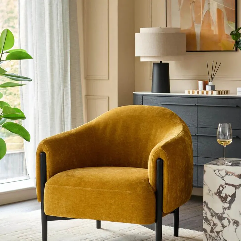 BOXED DANETTI TRISTAN OCHRE FABRIC ACCENT CHAIR WITH BLACK WOOD