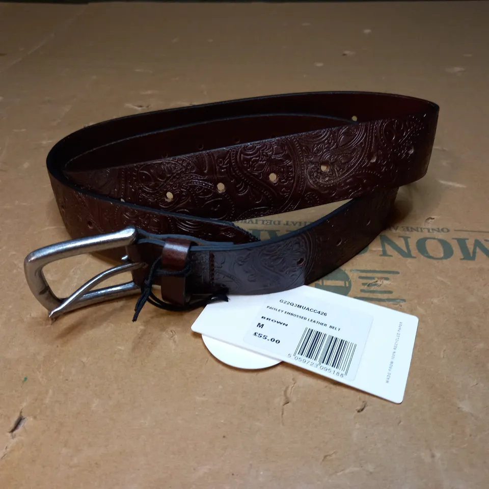 PRETTY GREEN PAISLEY EMBOSSED LEATHER BELT - BROWN - MEDIUM