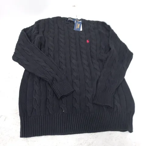 POLO RALPH LAUREN BLACK KNIT SWEATER – CABLE & LOGO – XL