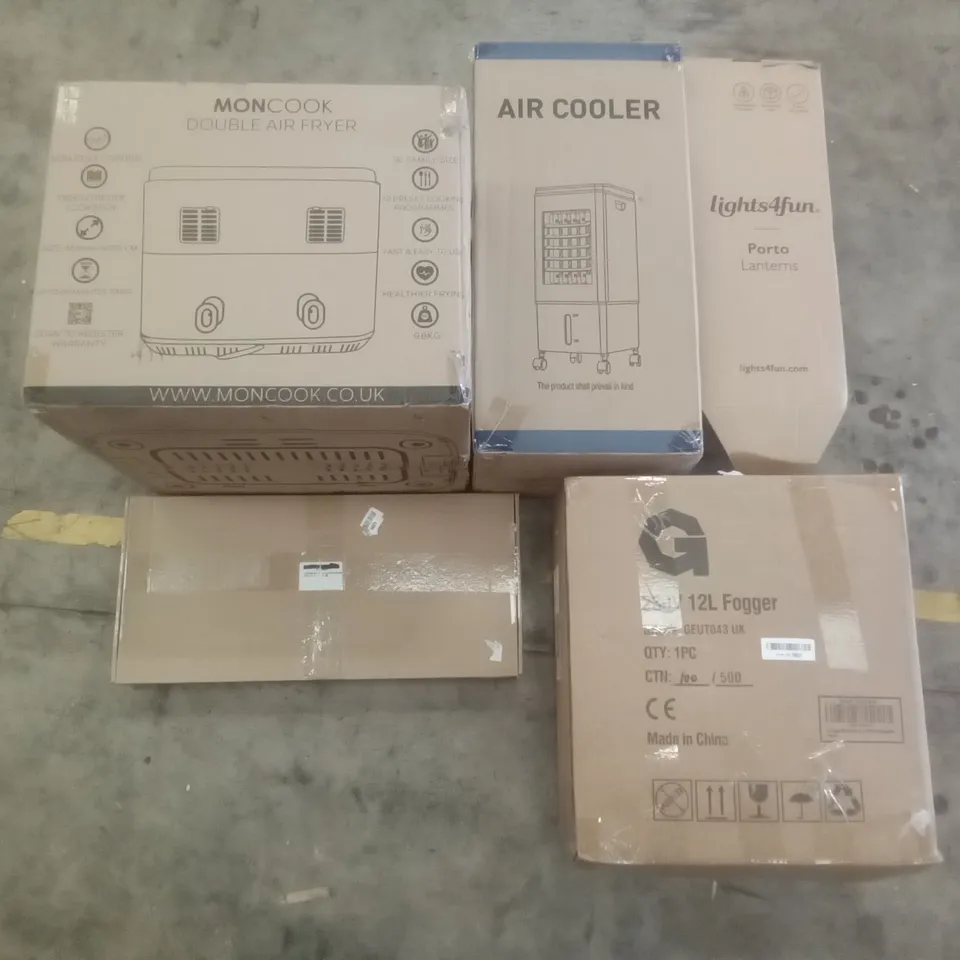 PALLET OF ASSORTED ITEMS INCLUDING air cooler, lights4fun lanterns, 12l fogger machine, kitchen sink mixer tap, moncook double air fryer, 