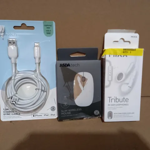 BOX OF APPROXIMATELY 10 ASSORTED ELECTRICAL ITEMS TO INCLUDE ASDA TECH CHARGE & SYNC CABLE, ASDA TECH SLIM WIRELESS MOUSE, MIXX TRIBUTE IN-EAR EARPHONES, ETC