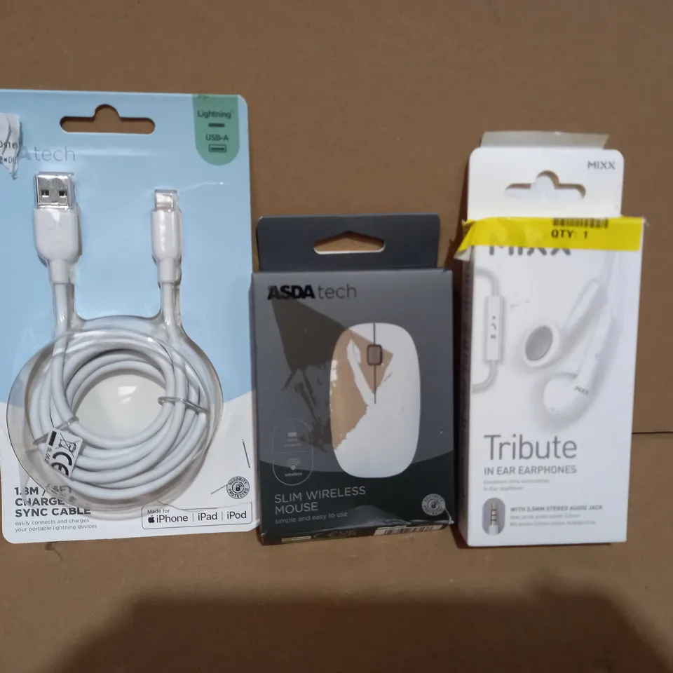 BOX OF APPROXIMATELY 10 ASSORTED ELECTRICAL ITEMS TO INCLUDE ASDA TECH CHARGE & SYNC CABLE, ASDA TECH SLIM WIRELESS MOUSE, MIXX TRIBUTE IN-EAR EARPHONES, ETC