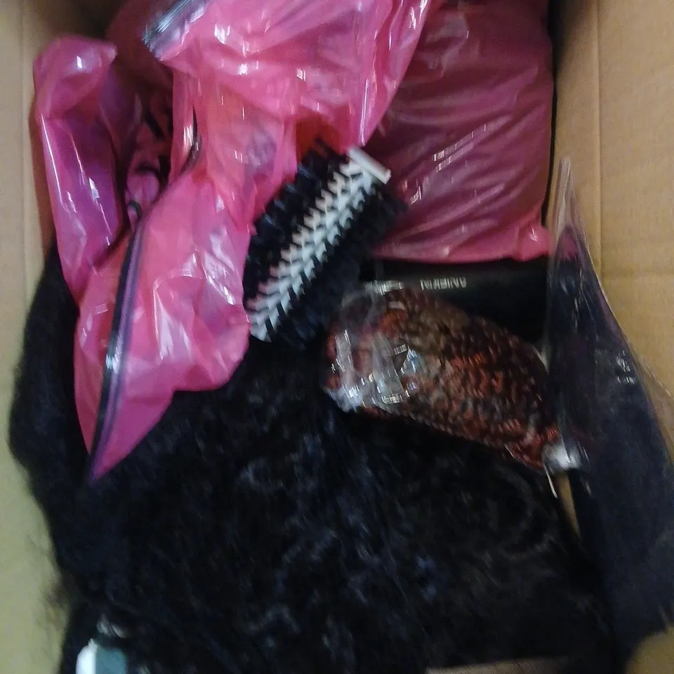 APPROXIMATELY 10 ASSORTED HEALTH & BEAUTY PRODUCTS TO INCLUDE WIGS, HAIR BRUSH, HAIR DRYER ETC