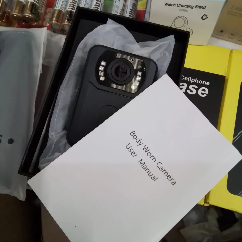 BOX CONTAINING LARGE AMOUNT OF BOXED ELECTRICAL ITEMS TO INCLUDE: BODY WORN CAMERA, LED STRIP LIGHT, HEADPHONES, PHONE CASES, SCREEN PROTECTORS, BATTERIES AND LOTS MORE.