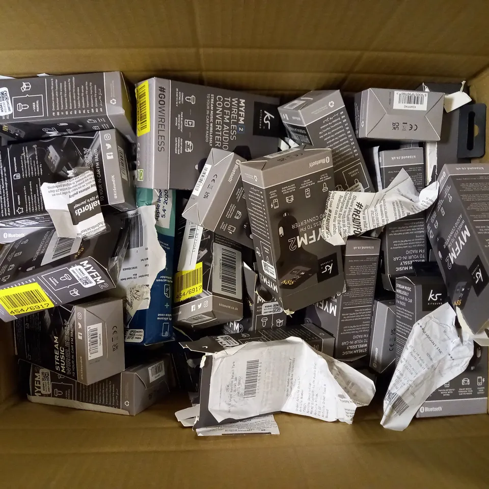 BOX OF APPROX 30 KITSOUNDS MYFM2 WIRELESS TO FM AUDIO CONVERTERS
