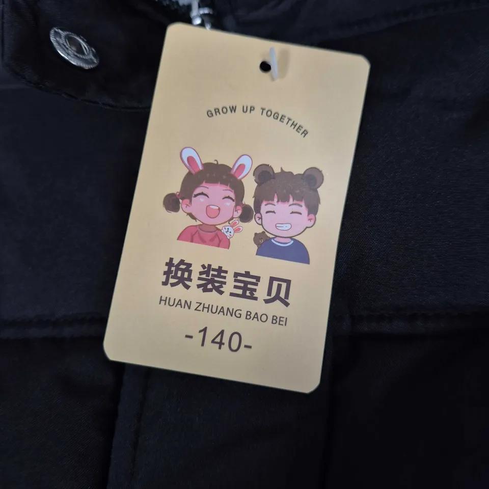 Kids' Black Puffer Coat with Faux Fur Hood – Size 140