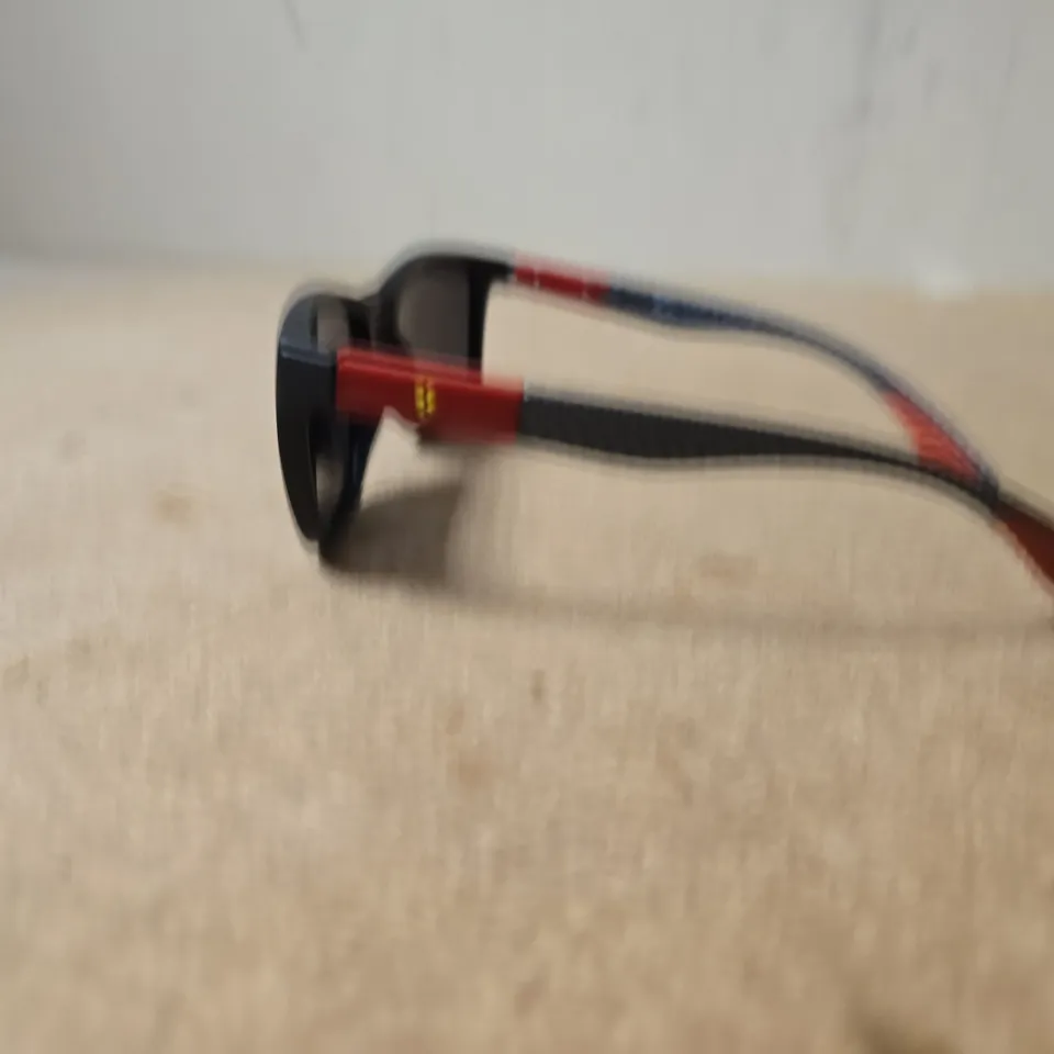 BOXED RAY-BAN SUNGLASSES – BLACK WAYFARER-STYLE FRAME WITH FERRARI PATTERNED TEMPLES
