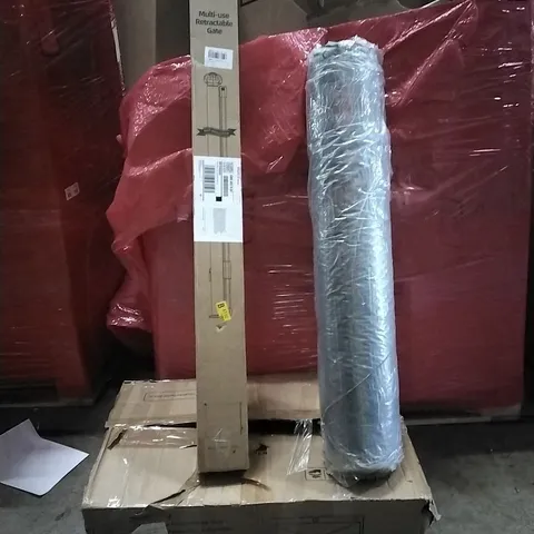 PALLET OF ASSORTED PRODUCTS AND HOUSEHOLD GOODS TO INCLUDE;STAINLESS STEEL SINK,RETRACTABLE SAFETY GATE,ROLL OF ARTIFICIAL GRASS