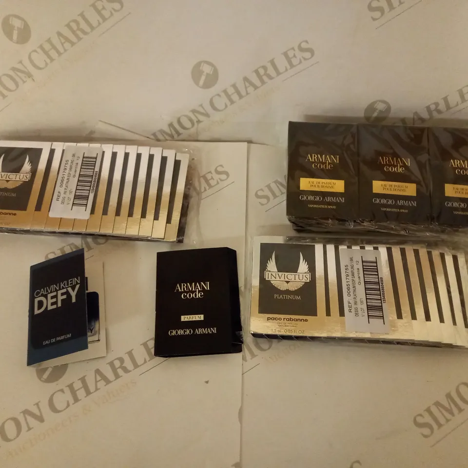 BOX OF APPROX 100 ASSORTED FRAGRANCES INCLUDING ARMANI CODE PARFUM, INVICTUS PLATINUM AND ARMANI CODE PARFUM POUR HOMME (100X1.2ML)