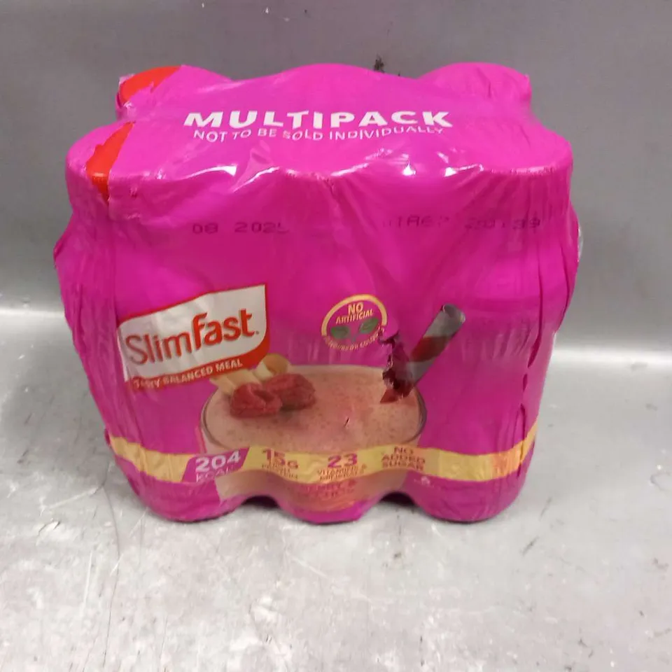 THREE PACKS OF SLIMFASTRASPBERRY AND WHITE CHOC TASTY BALANCED MEAL SHAKES 6 X 325ML PER PACK