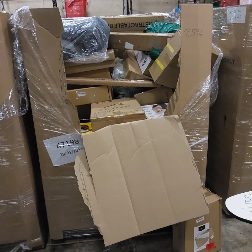 PALLET TO CONTAIN ASSORTED HOUSEHOLD ITEMS AND CONSUMER PRODUCTS. INCLUDING SMART HEATER, AIR FRYERS, FABRIC SHOE RACK, CHRISTMAS TREE, VACUUM CLEANER ETC