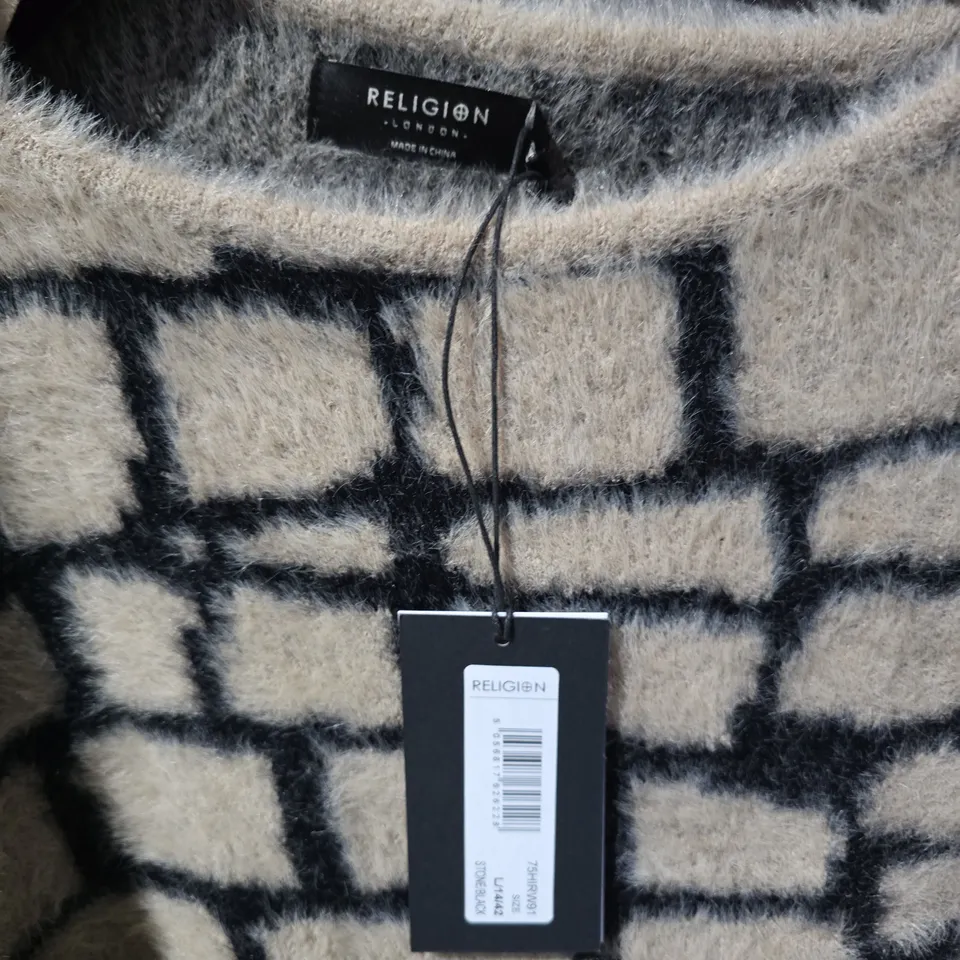 RELIGION LONDON WOMEN'S KNIT JUMPER – BEIGE WITH BLACK BRICK PATTERN