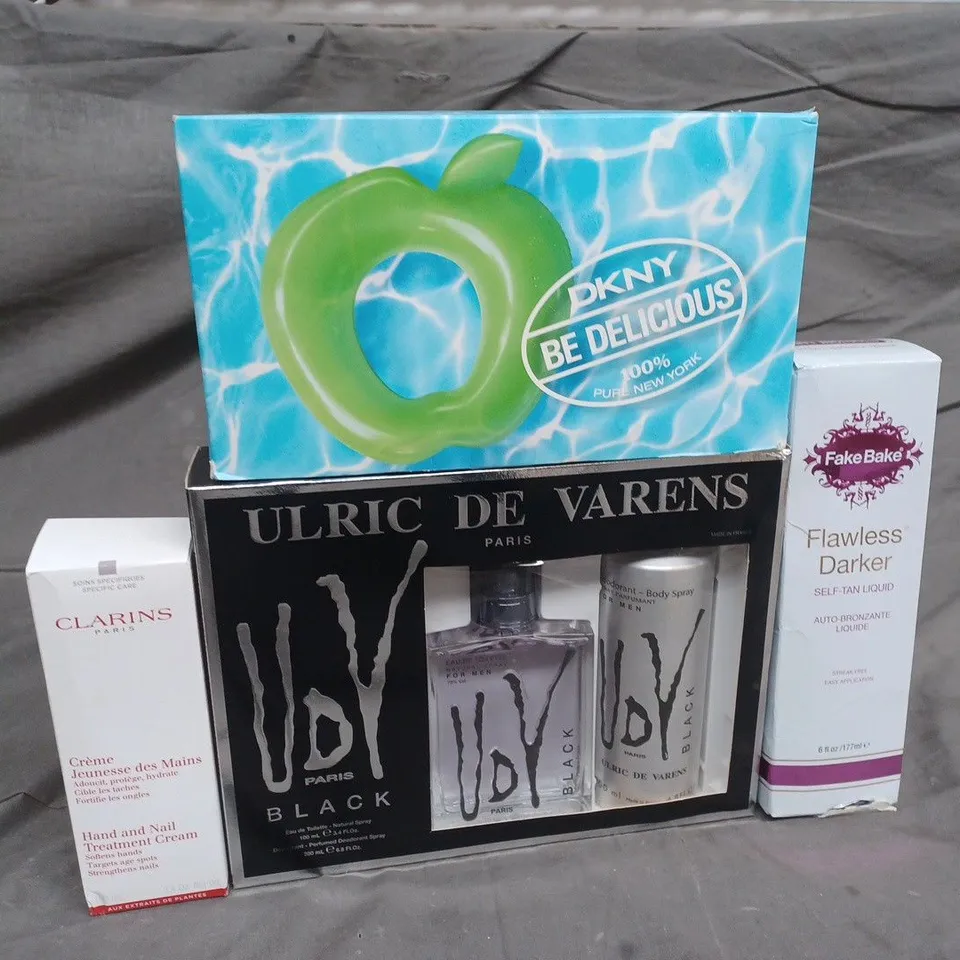 BOX OF APPROXIMATELY 9 ASSORTED HEALTH & BEAUTY ITEMS TO INCLUDE - FAKE BAKE FLAWLESS DARKER , DKNY BE DELICIOUS , CLARINS HAND AND NAIL TREATMENT CREAM ETC