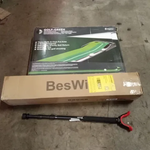PALLET OF ASSORTED ITEMS INCLUDING: GOLF PUTTING TRAINER, WALKING AID, BOXED FURNITURE ETC