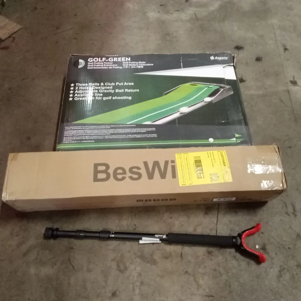 PALLET OF ASSORTED ITEMS INCLUDING: GOLF PUTTING TRAINER, WALKING AID, BOXED FURNITURE ETC
