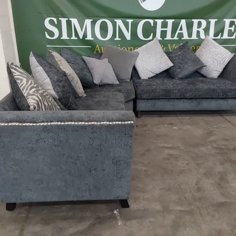 DESIGNER CORNER GROUP GREY FABRIC WITH SCATTER CUSHIONS & STUDDED DETAIL
