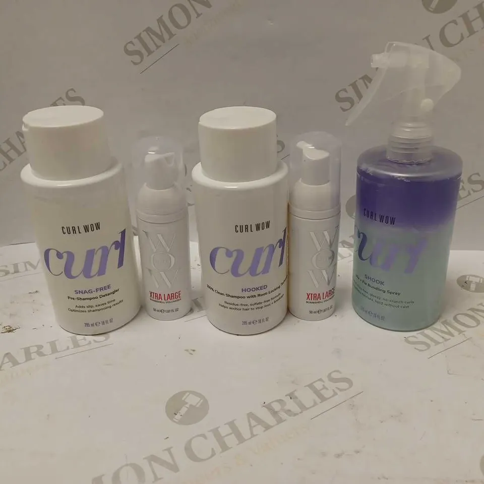 LOT OF 5 WOW PRODUCTS TO INCLUDE XTRA LARGE BOMBSHELL VOLUMIZER, CURL HOOKED SHAMPOO, CURL SHOOK BUNDLING SPRAY, ETC 