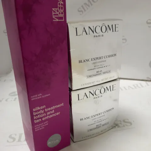 LOT OF 3 ITEMS INCLUDING 2 LANCOME BLANC EXPERT CUSHION LIGHT COVERAGE AND 1 VITA LIBERATA SILKEN BODY TREATMENT LOTION AND TAN ENHANCER