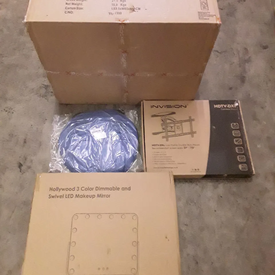 PALLET OF ASSORTED PRODUCTS TO INCLUDE; HOLLYWOOD 3 COLOUR DIMMABLE LED MAKEUP STAND- INCISION WALL MOUNT FOR TV - X ROCKER ALPHA PC GAMING CHAIR BLACK ECT