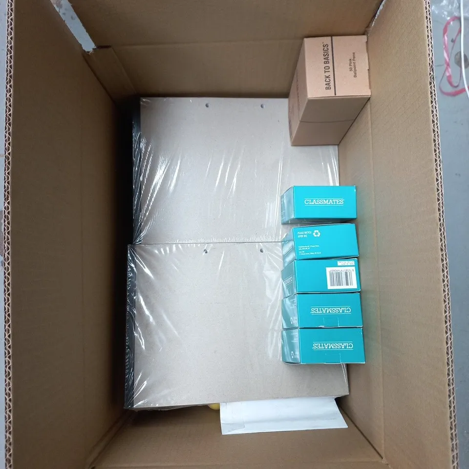 BOX OF APPROXIMATELY 12 ASSORTED ACADEMIC ITEMS TO INCLUDE: BOXED PENS, BOXED STICKY NOTES AND UNIFIX CUBES NUMBER LINE