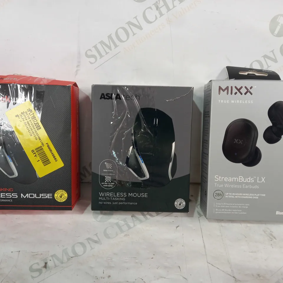 BOX OF APPROXIMATELY 20 ASSORTED ELECTRICAL ITEMS TO INCLUDE MIXX STREAMBUDS LX WIRELESS EARBUDS, ASDA TECH WIRELESS MOUSE, BLACKWEB WIRELESS MOUSE, ETC