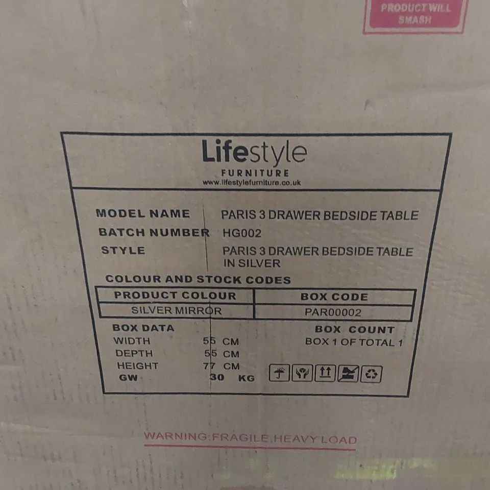 BOXED PARIS 3 DRAWER BEDSIDE TABLE (1 BOX)