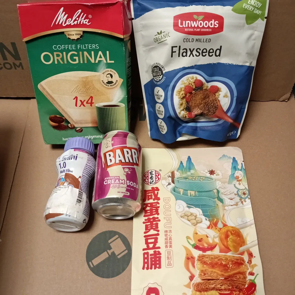 APPROXIMATELY 10 ASSORTED FOOD/DRINK PRODUCTS TO INCLUDE FLAXSEED, CREAM SODA, DOUFU ETC