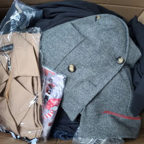 LARGE BOX OF APPROXIMATELY 25 ASSORTED CLOTHING ITEMS IN VARIOUS COLOURS, STYLES AND SIZES - COLLECTION ONLY