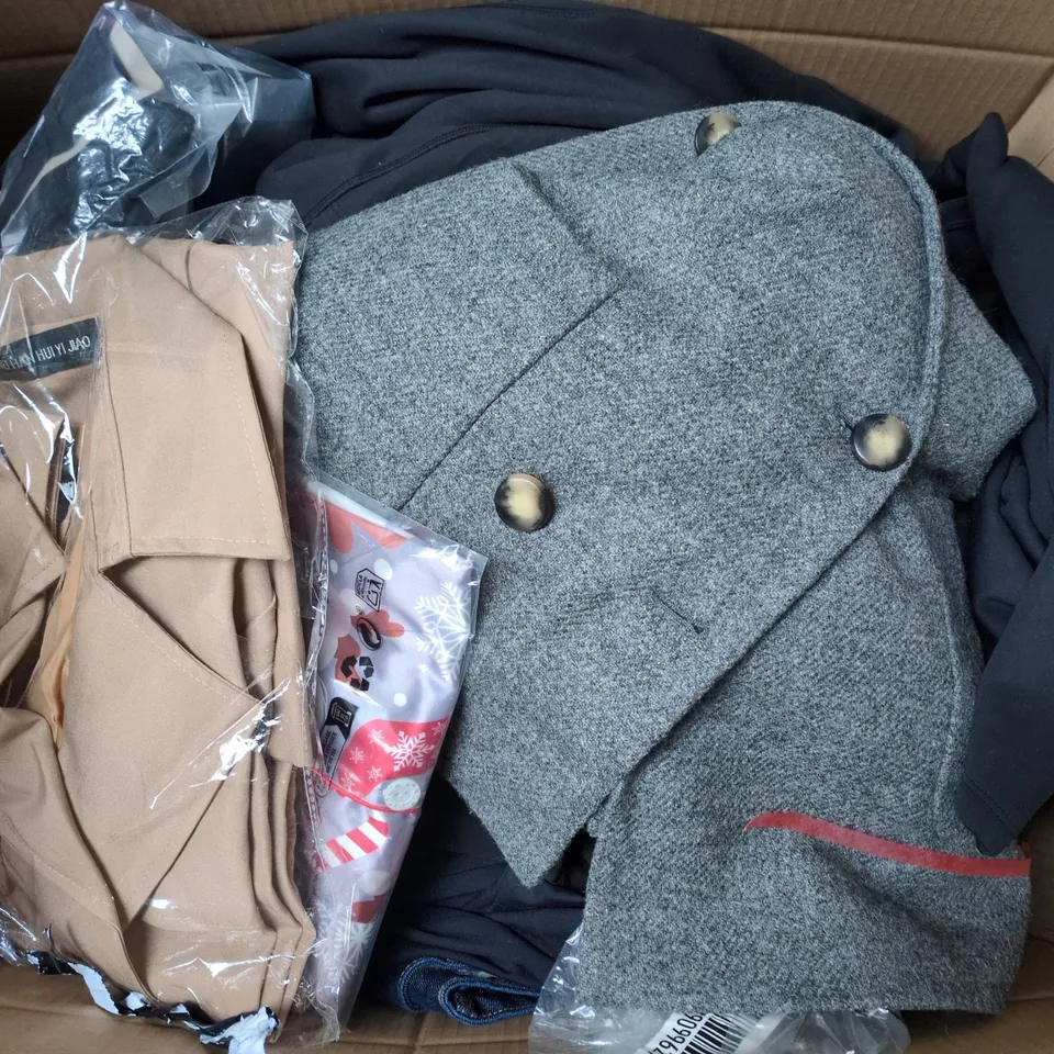 LARGE BOX OF APPROXIMATELY 25 ASSORTED CLOTHING ITEMS IN VARIOUS COLOURS, STYLES AND SIZES - COLLECTION ONLY