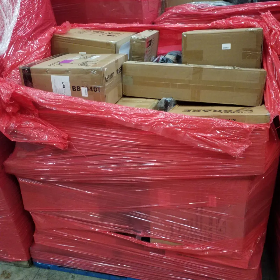 PALLET CONTAINING ASSORTED PRODUCTS INCLUDING ROLLING STOOL, BUCKET STORAGE, ADJUSTABLE INLINE SKATES & STORAGE OTTOMANS