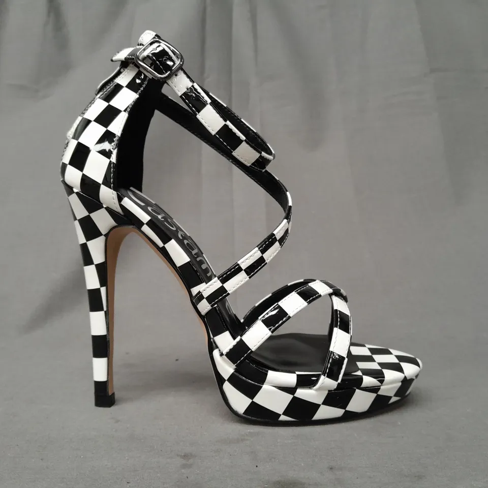 BOXED PAIR OF CASTAMERE OPEN TOE HIGH HEEL STRAPPY SANDALS IN BLACK/WHITE CHECKERBOARD EU SIZE 35