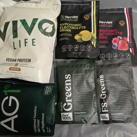 LOT OF 6 ASSORTED FOOD SUPPLEMENTS TO INCLUDE AG1 VIVO LIFE VEGAN PROTEIN AND REVVIES ELECTROLYTE DRINK