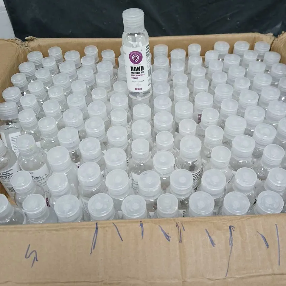 BOX OF APPROXIMATELY 130 BOTTLES OF HAND SANITIZER GEL - 100ML PER BOTTLE