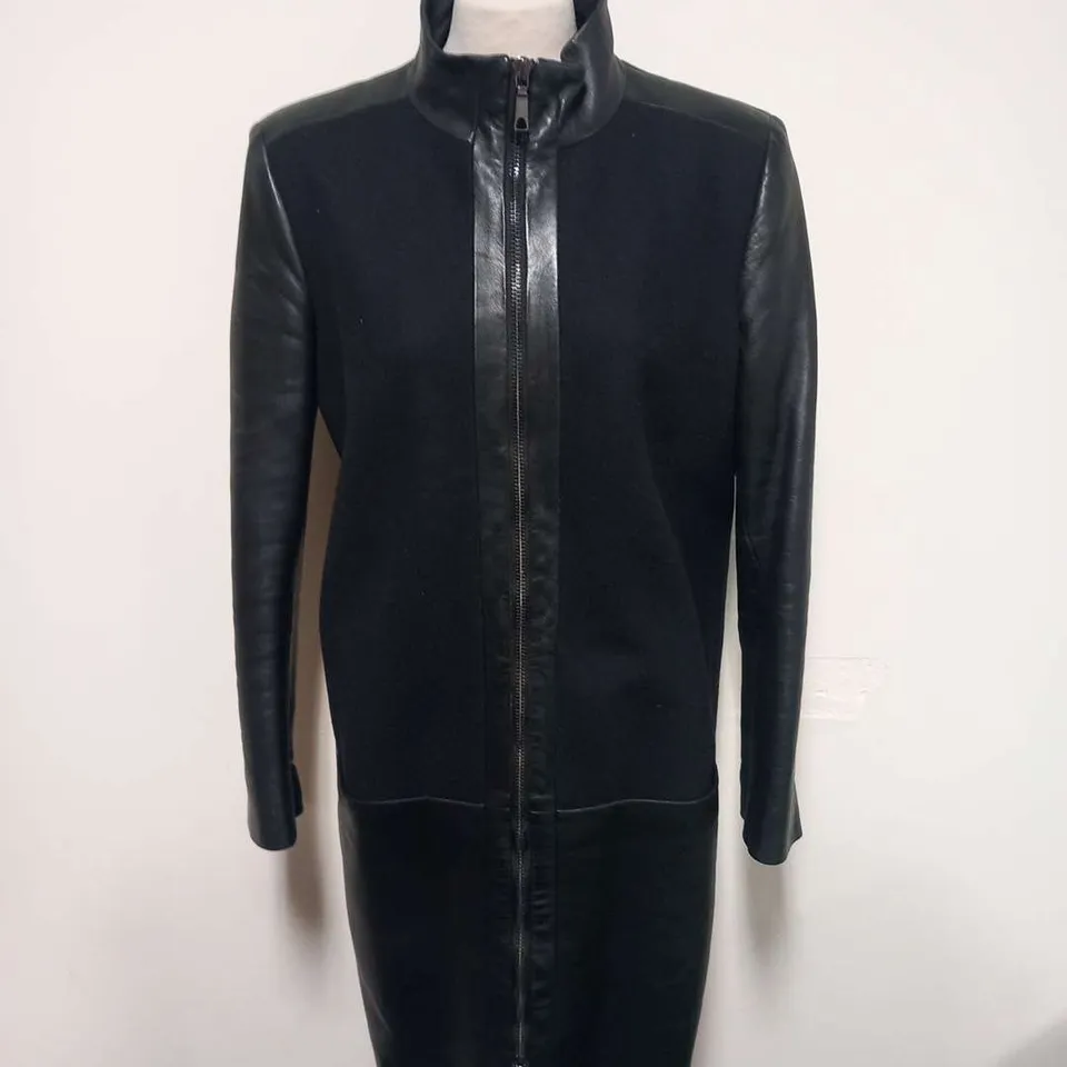 JAEGER LONG BLACK LEATHER AND FELT COAT SIZE 14