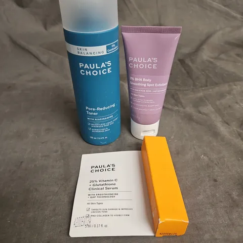 PAULA'S CHOICE LOT OF 3 ASSORTED SKINCARE PRODUCTS TO INCLUDE - PORE REDUCING TONER - 25% VITAMIN C CLINICAL SERUM - 2% BHA BODY SMOOTHING SPOT EXFOLIANT